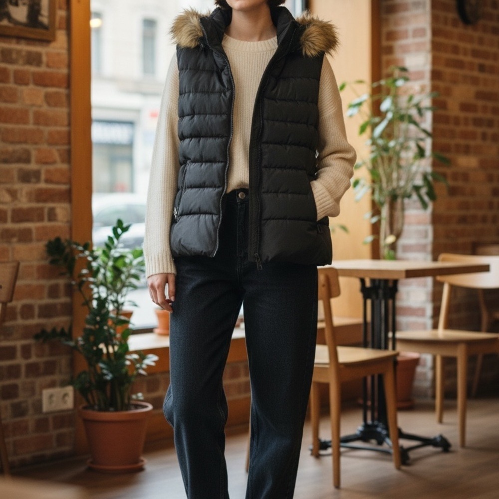 Black Puffer Vest with Faux Fur Trim with Removable Hood size XL - Picture 9 of 13